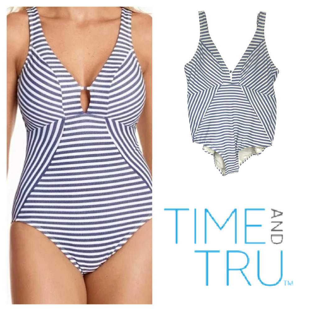 NEW Time & Tru Plus Sz 1X Blue Denim Slimming Stripes One Piece Swimsuit Lined